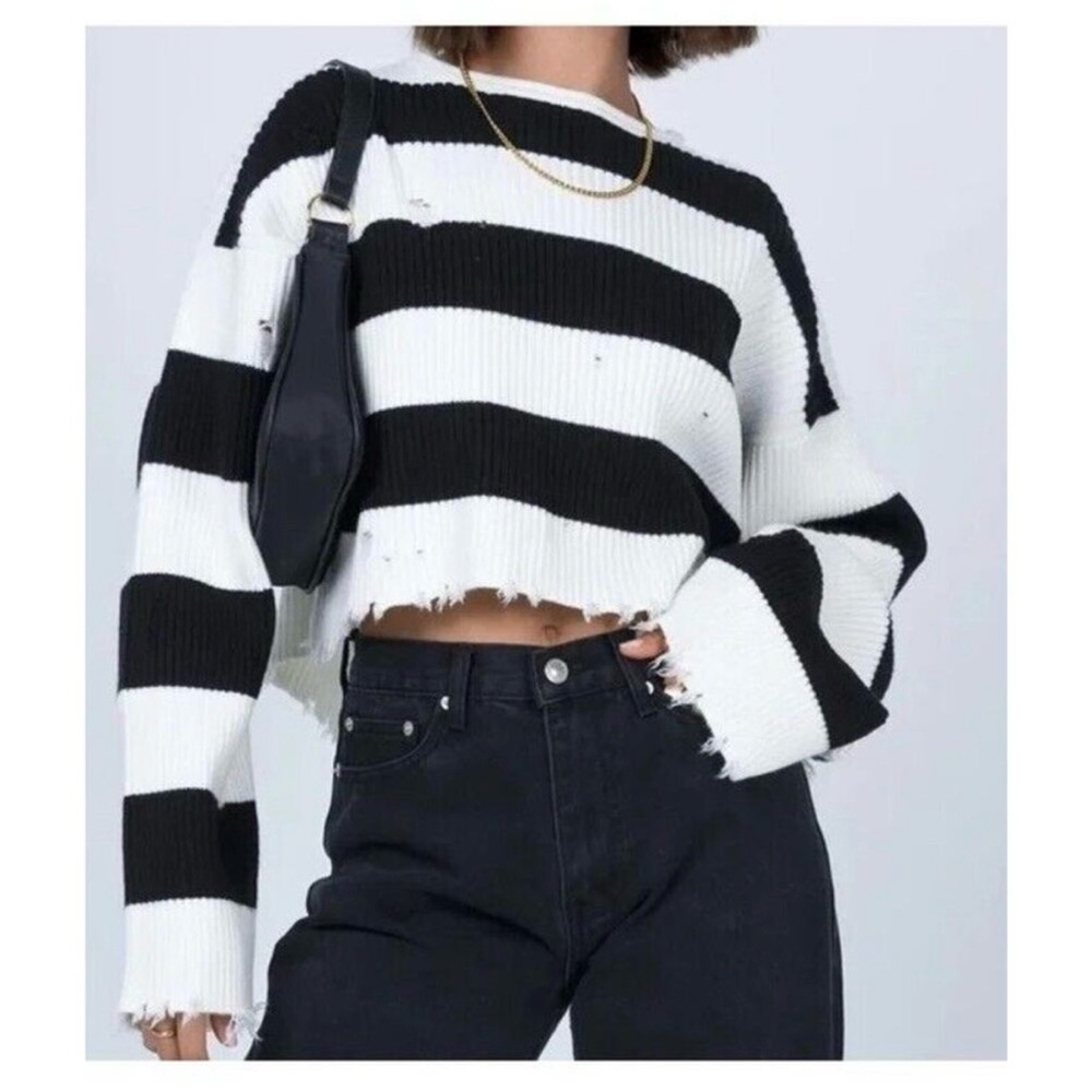 Princess Polly London Bridge Distressed Fray Crop Sweater Black White